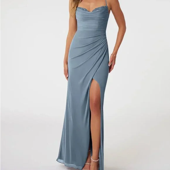 floral maxi dress for wedding Zapakasa Women Dusty Blue Chiffon Formal Dress with Slit A Line One  Shoulder Ruched Weddig Guest Dress